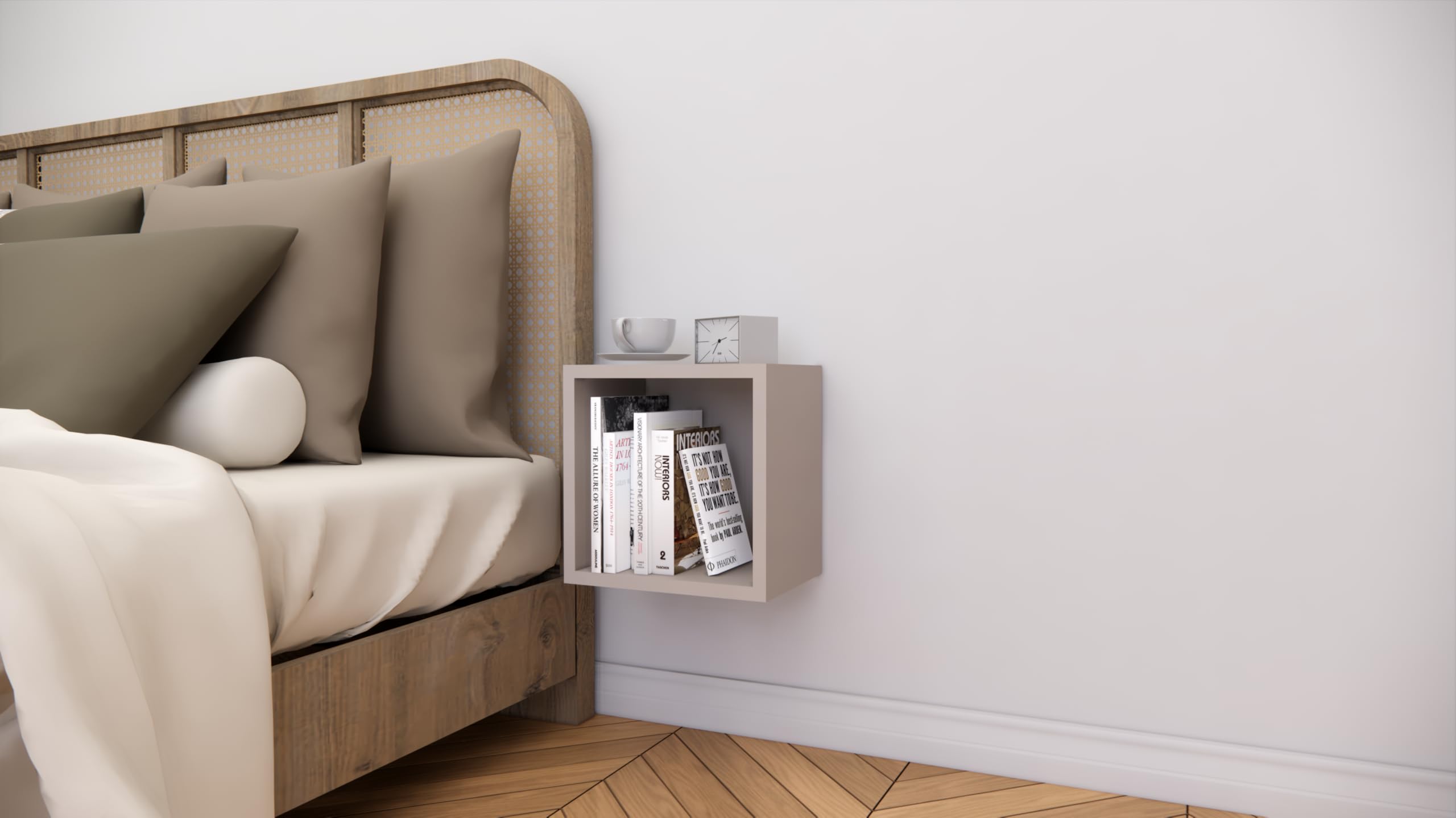 Modern Wall Mounted Bedside Table | Floating Nightstand with Open Storage Shelf | Space Saving Wooden Bed Side Table for Bedroom | Minimalist Wall Shelf Design (Beige)-image-29