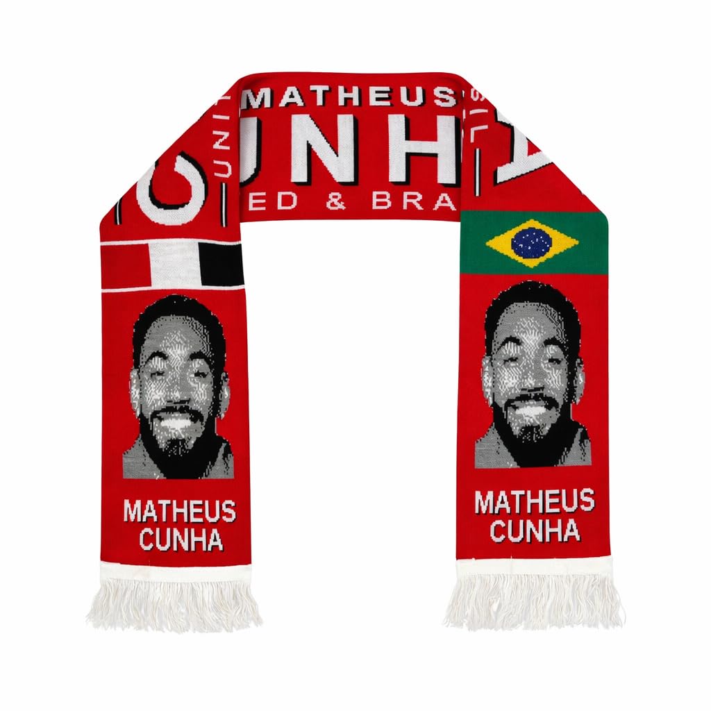 Matheus Cunha United & Brasil Football Scarf, Red with Flags, Fan Memorabilia with Fringe