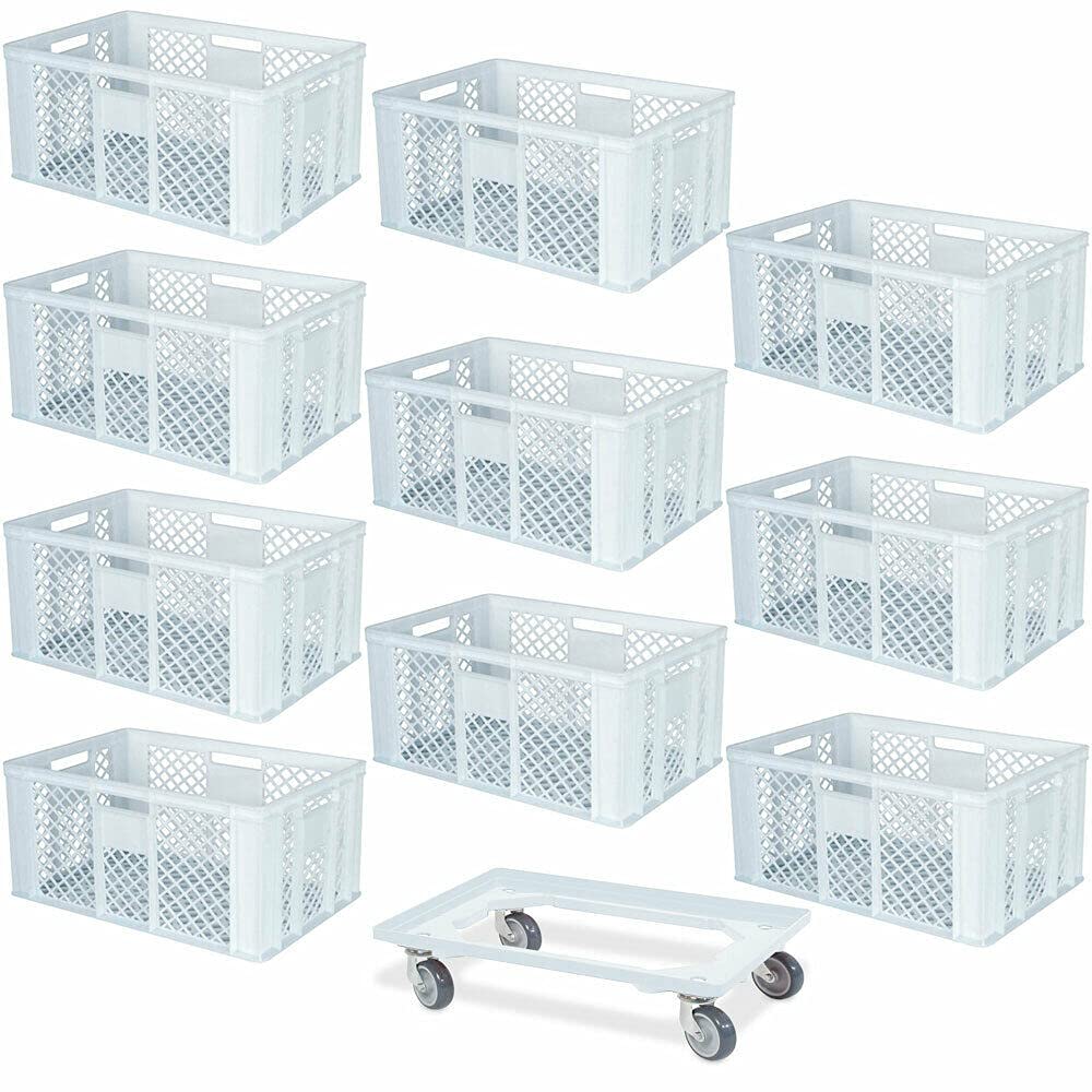 Juego de 10 recipientes apilables con ruedas de transporte, 600 x 400 x 320 mm, calidad industrial, aptos para alimentos, color blanco