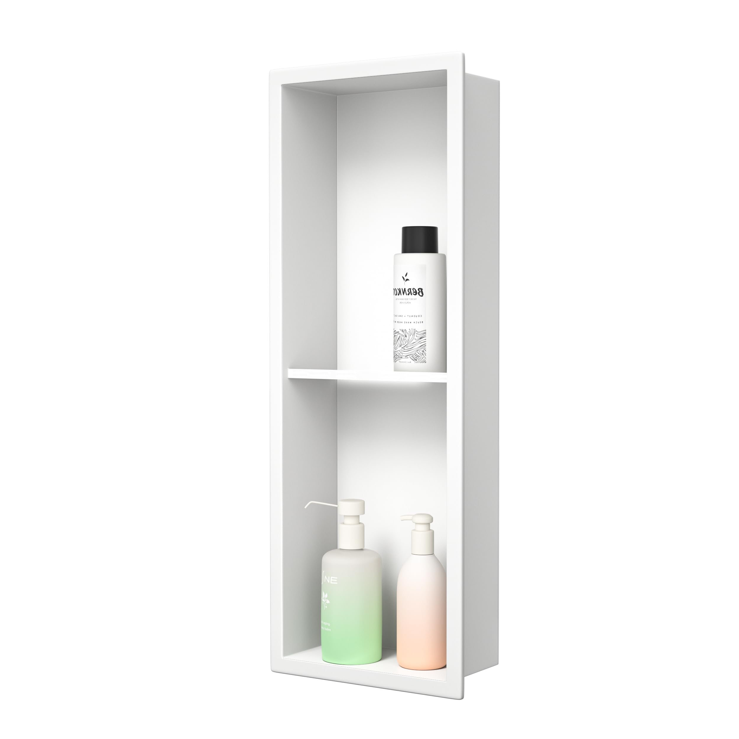 Bernkot Stainless Steel Shower Niche 8"×24" White Double Shelves No Tiled Needed Niche Shower for Wall Recessed Shower Shelf for Bathroom Storage