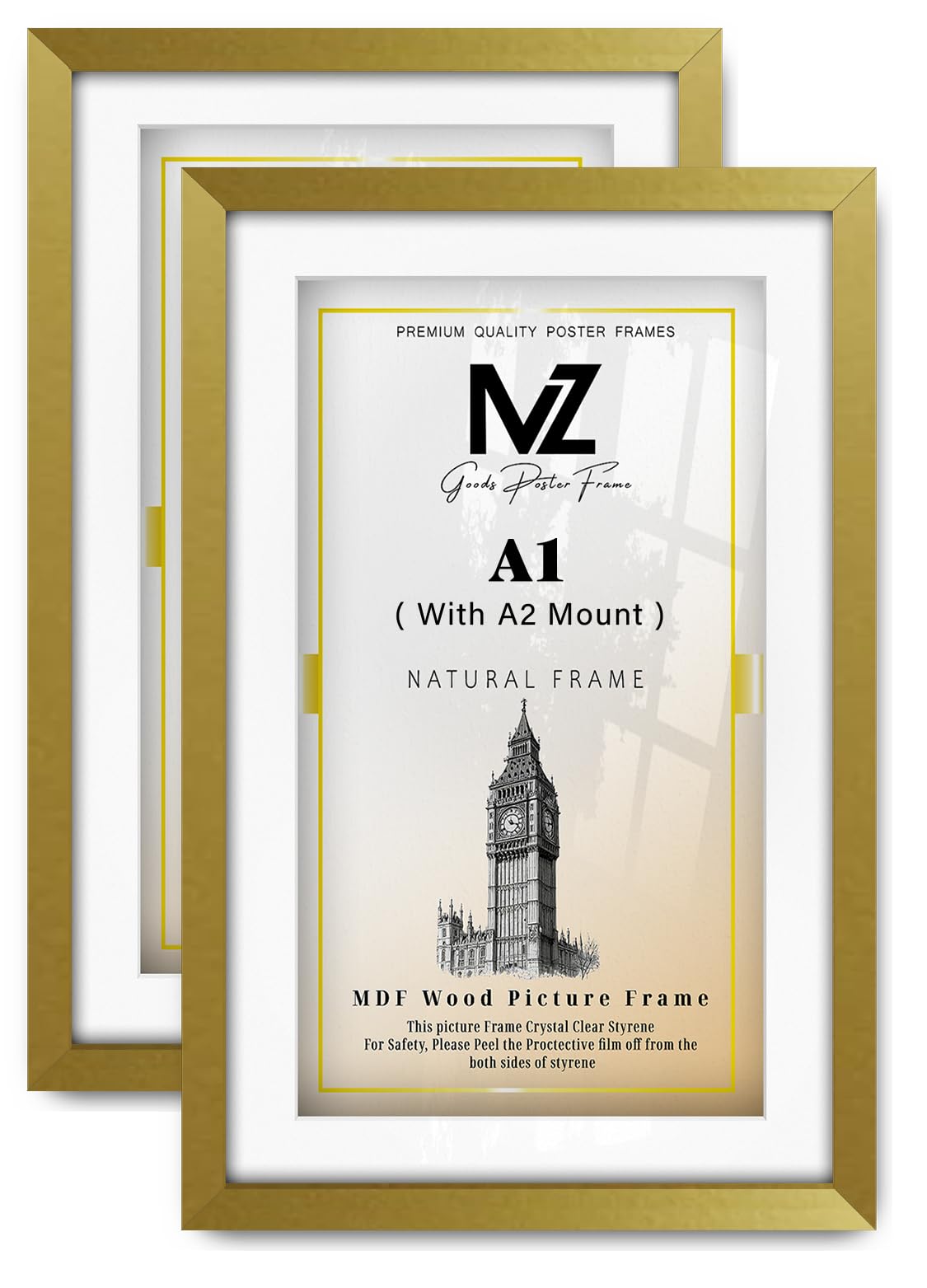 MZ GOODS pack of 2 MDF Minimalist Diploma Frame A1 (59.40 x 84.10 cm) with A2-(41.90 x 59.40 cm) White Mount Hanging Display | 33" x 23" Award, Photo, Poster, Home & Office Frame [ Gold ]