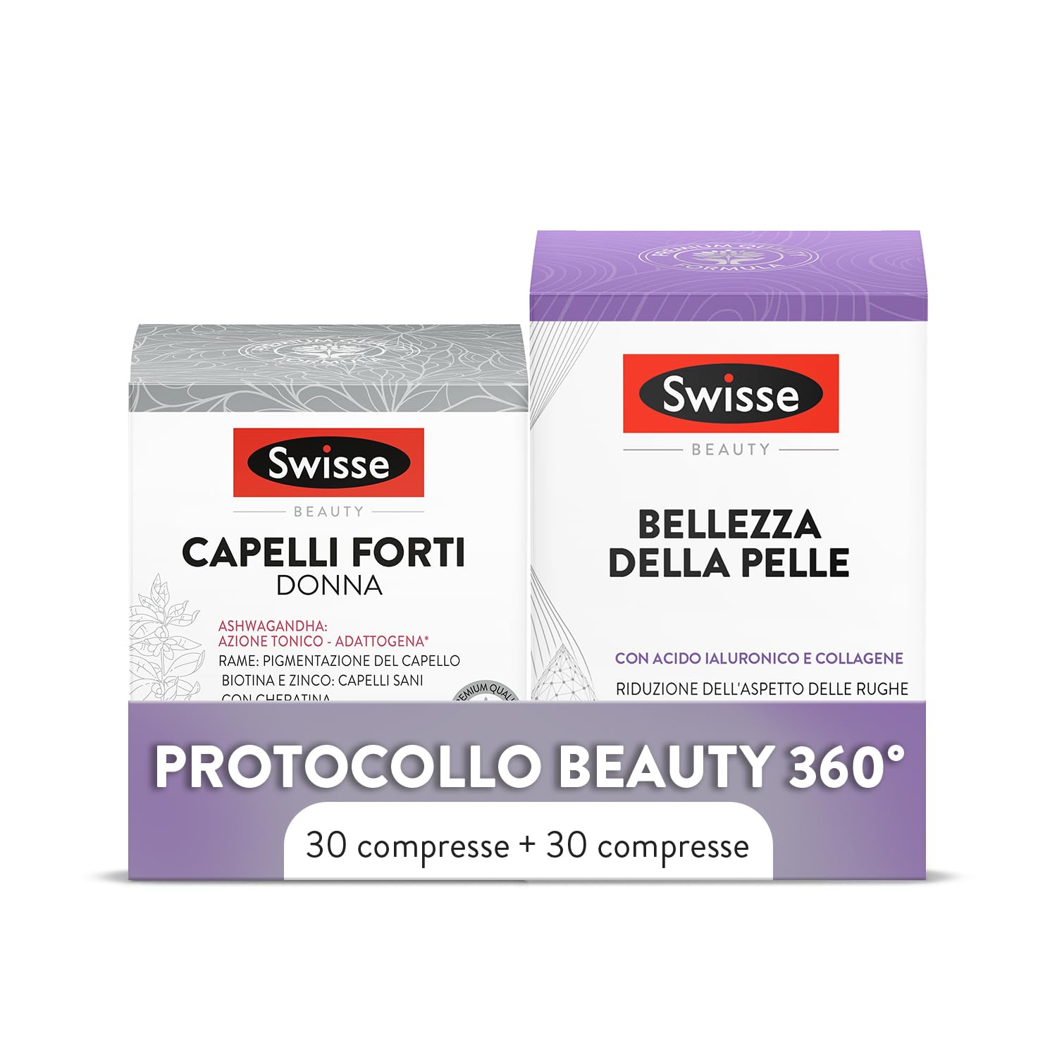 Swisse Protocollo Beauty 360°, Integratori alimentari, Capelli Forti Donna 30 Compresse, Swisse Bellezza della Pelle 30 Compresse