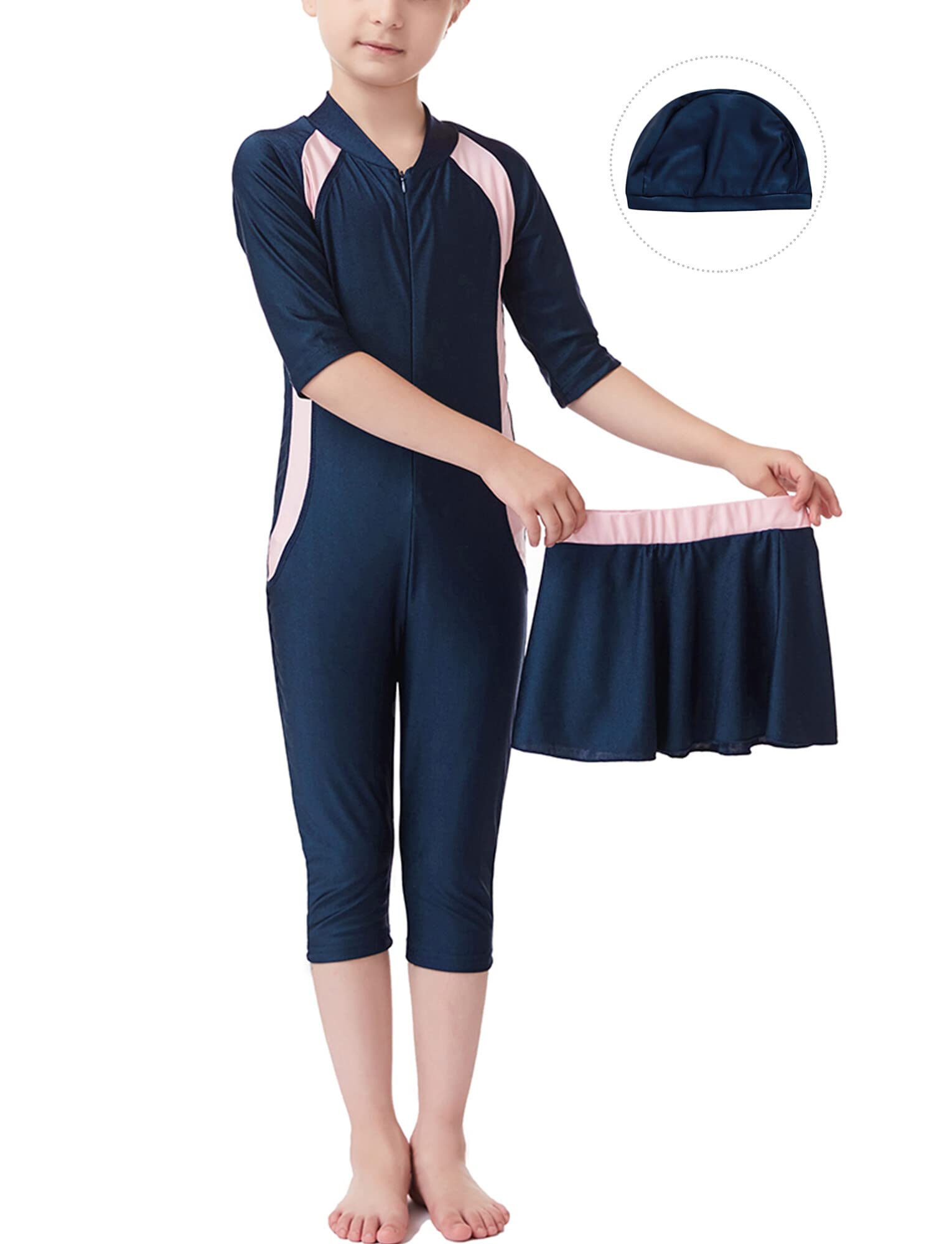 AUBIG Muslim Swimsuit for Kids Girls Long Sleeve Full Coverage Burkini Swimwear Quick Dry Modest Islamic Bathing Suit 10-13 Years C/Blue