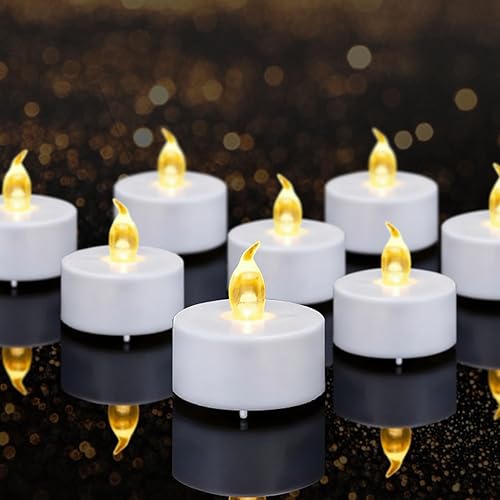Miniatura 49 de Velas de té sin llama, funciona con pilas, paquete de 24 velas votivas eléctricas LED parpadeantes de larga duración, 200 horas, realistas