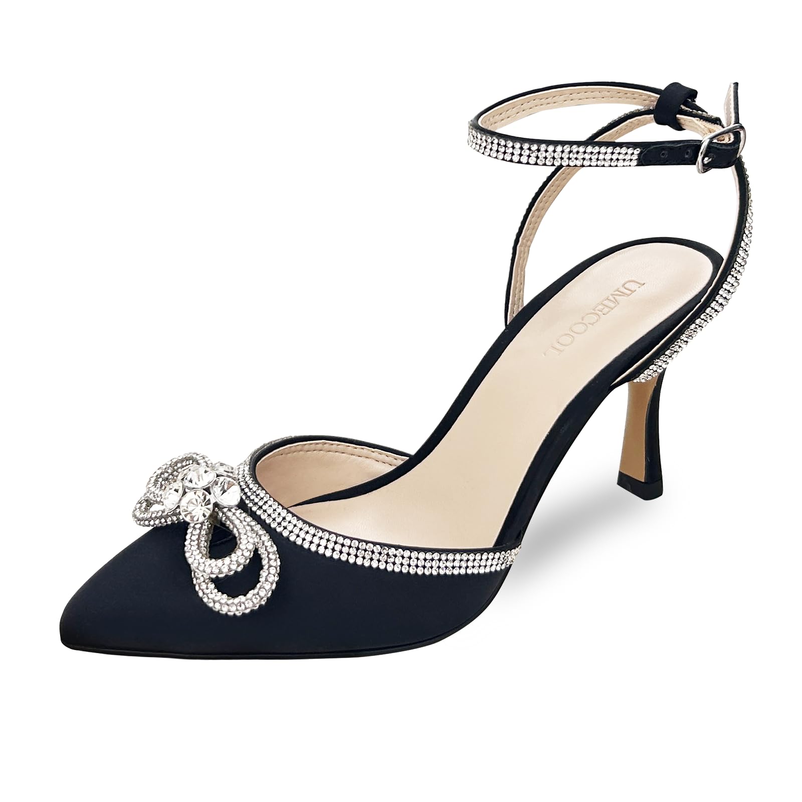 UMECOOLRhinestone Bow Heels for Women, Slingback Kitten Heels Pumps Stilettos Satin, Closed Pointed Toe Ankle Strap Kitten Heel Sandals Formal Shoes for Wedding Bridal Party Evening Prom Dress Shoes