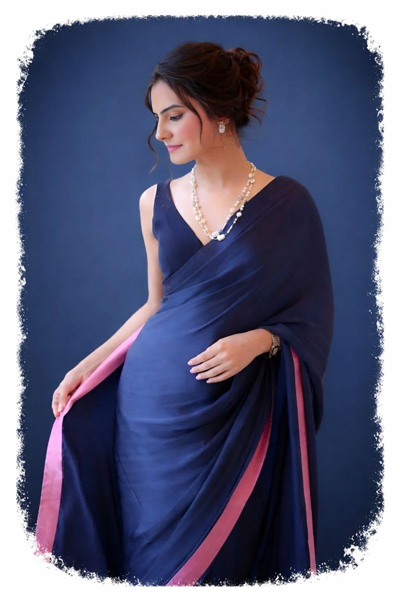 Ready To Wear Plain Saree For Women Navy Blue Satin Silk Readymade Stitched With Plain Unstitched Blouse
