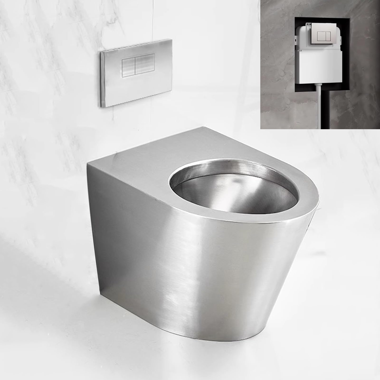Inodoro de doble descarga de acero inoxidable 304 con tanque de agua de sifón de 6 litros, grado comercial, para el hogar, escuela, centro comercial, baños, diseño integrado que ahorra espacio