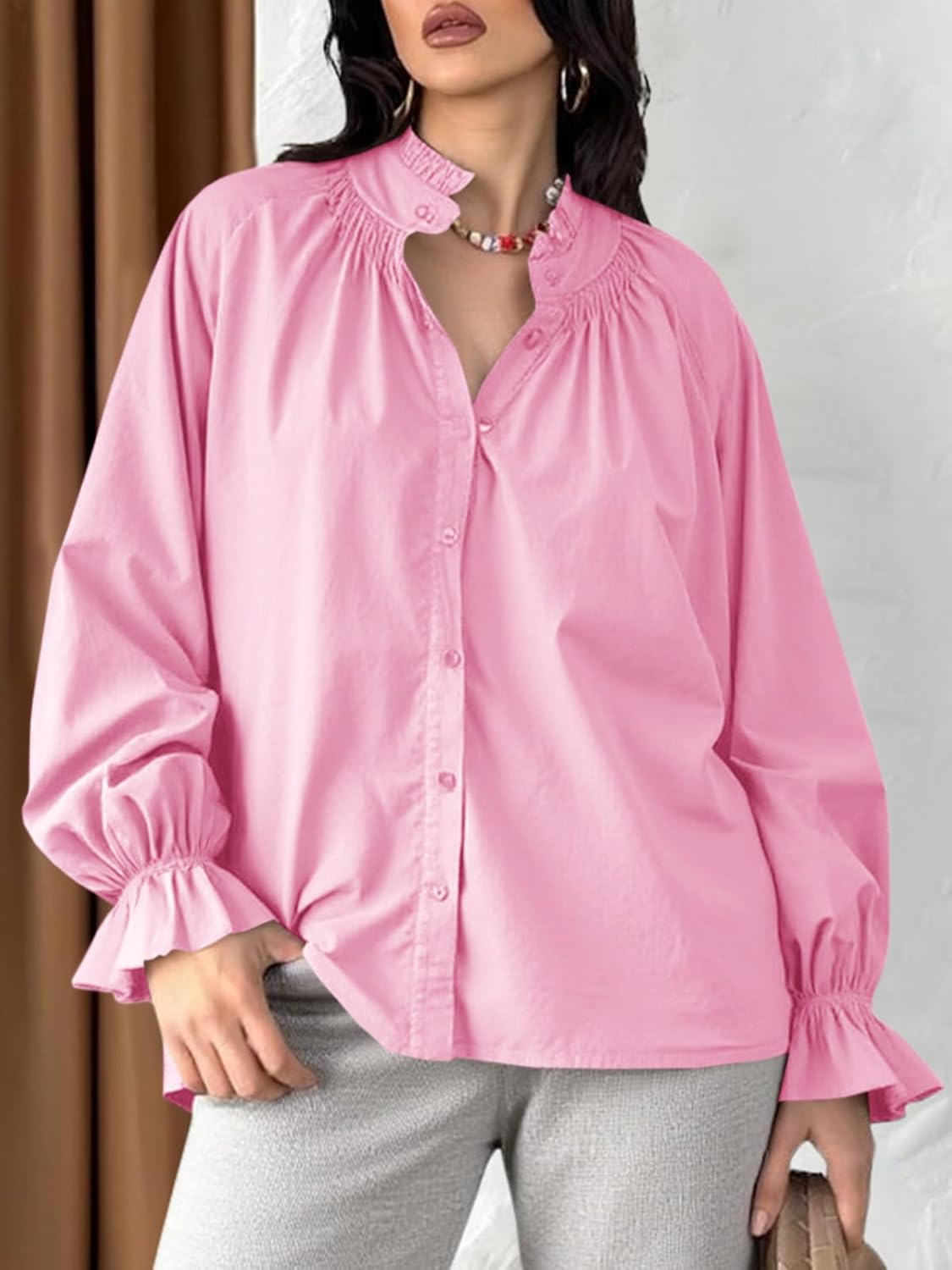 Tankaneo Womens Puff Long Sleeve Button Down Shirts Pleated V Neck Cotton Blouses Loose Fit Casual Ruffle Tops - Image 3