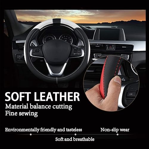 Miniatura 3 de Funda universal para volante de auto de cuero de Coofig con costura a mano, transpirable, antideslizante, 15 pulgadas, M, Blanco