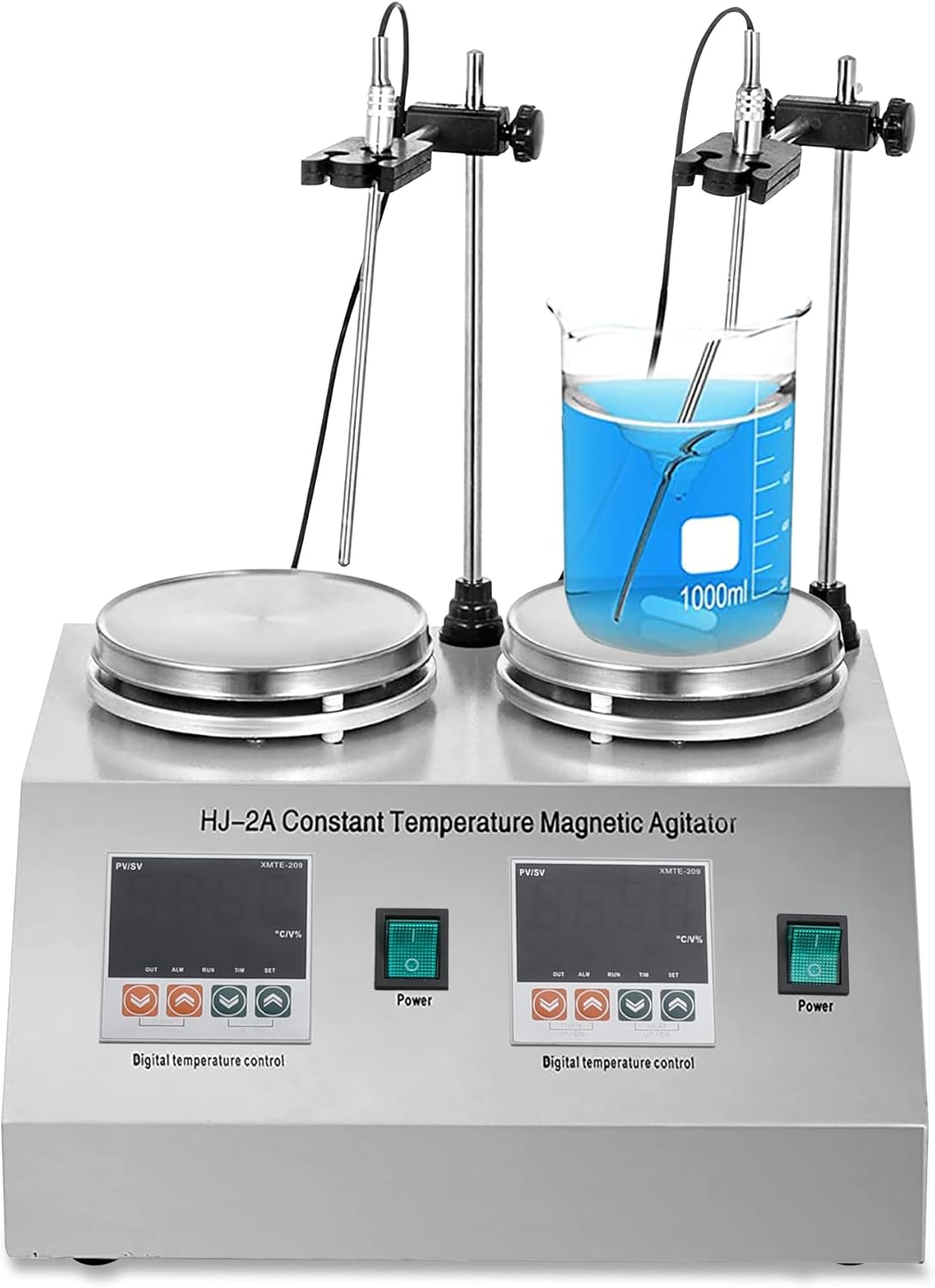 Digital Magnetic Stirrer,2 Heads Magnetic Stirrer, Magnetic Mixer with Magnetic Stirrer Bar,2000RPM Electric Lab Magnetic Mixer,99.99℃,20-1000ml per Cylinder,∮130×2 Hot Plate Magnetic Stir Plate