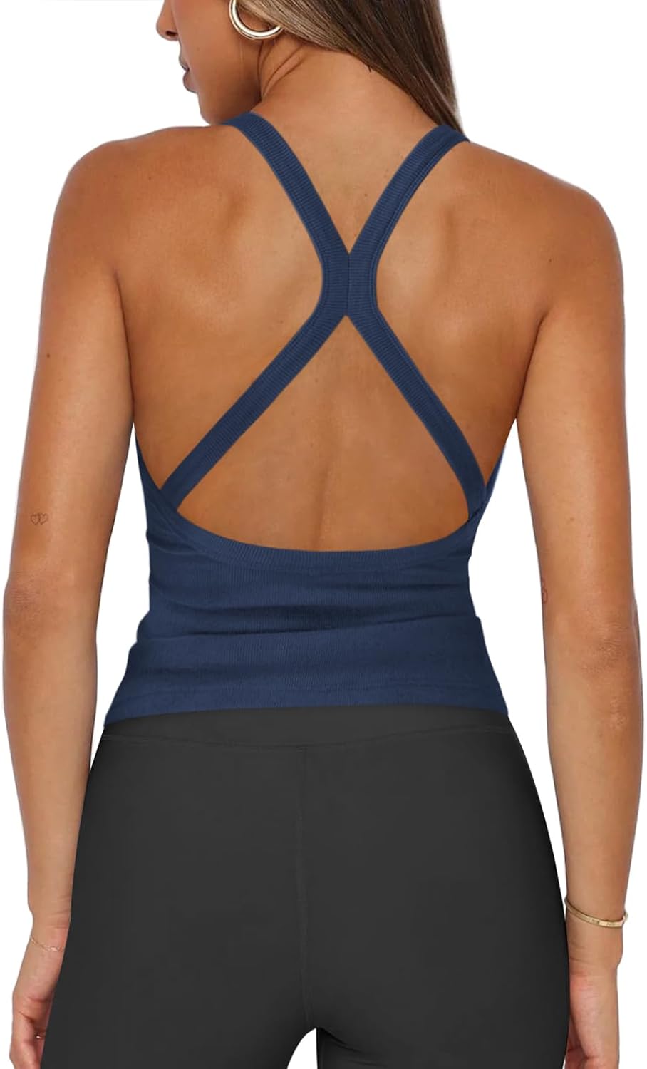 Womens Halter Tops Racerback Workout Tank Top for Women Plunge V Neck Split-Back Spaghetti Strap Fitted Ribbed Shirts