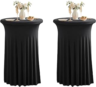Qubjus 2 Pack Round Cocktail Table Covers with Skirt Stretch Spandex Tablecloth 24"x43" Cocktail Round Tablecloth for Party Wedding Birthday Banquet, Black