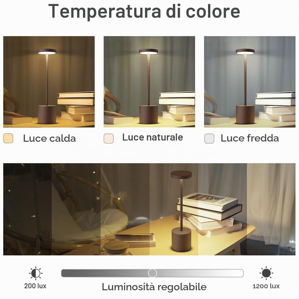 Lampada da Tavolo Senza Fili LED,2 Pezzi 5000mAh Ricaricabile USB,Comodino | Lampada a Batteria USB,Luce a Batteria Dimmerabile,3 Modalità di Colore,per Scrivania Esterno Tavola Ristorante(Ruggine)
