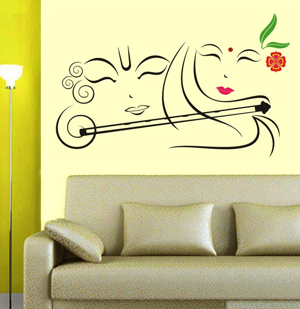 Decals Design Stickerskart Wall Stickers Radhe Krishna with Flute (Wall Covering Area: 90cm x 60cm,Product Dimensions: 50x70cm)