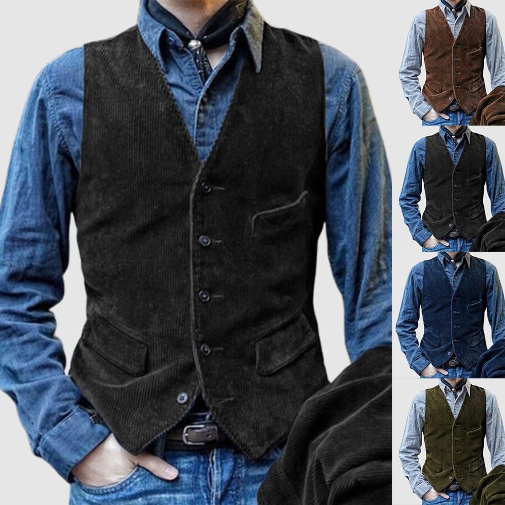 Gilet da uomo in velluto a coste con vestibilità aderente e bottoni sul davanti, stile vintage britannico, senza maniche, per tutte le stagioni