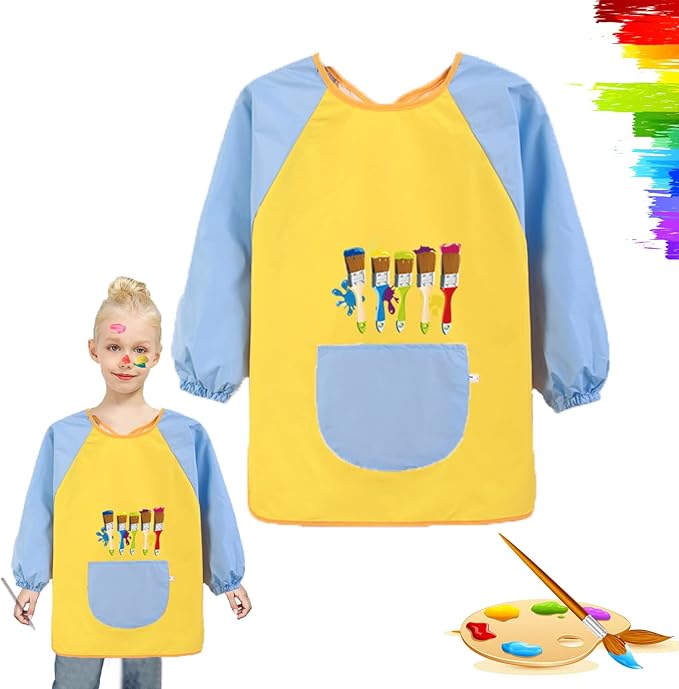 Tablier Peinture Enfant 2 Pièces Blouse Peinture Enfant Imperméable Blouse Enfant Ecole Longues Avec Poches Pour Ecolier Cuisine Coloriage Bébé 3-7 Ans