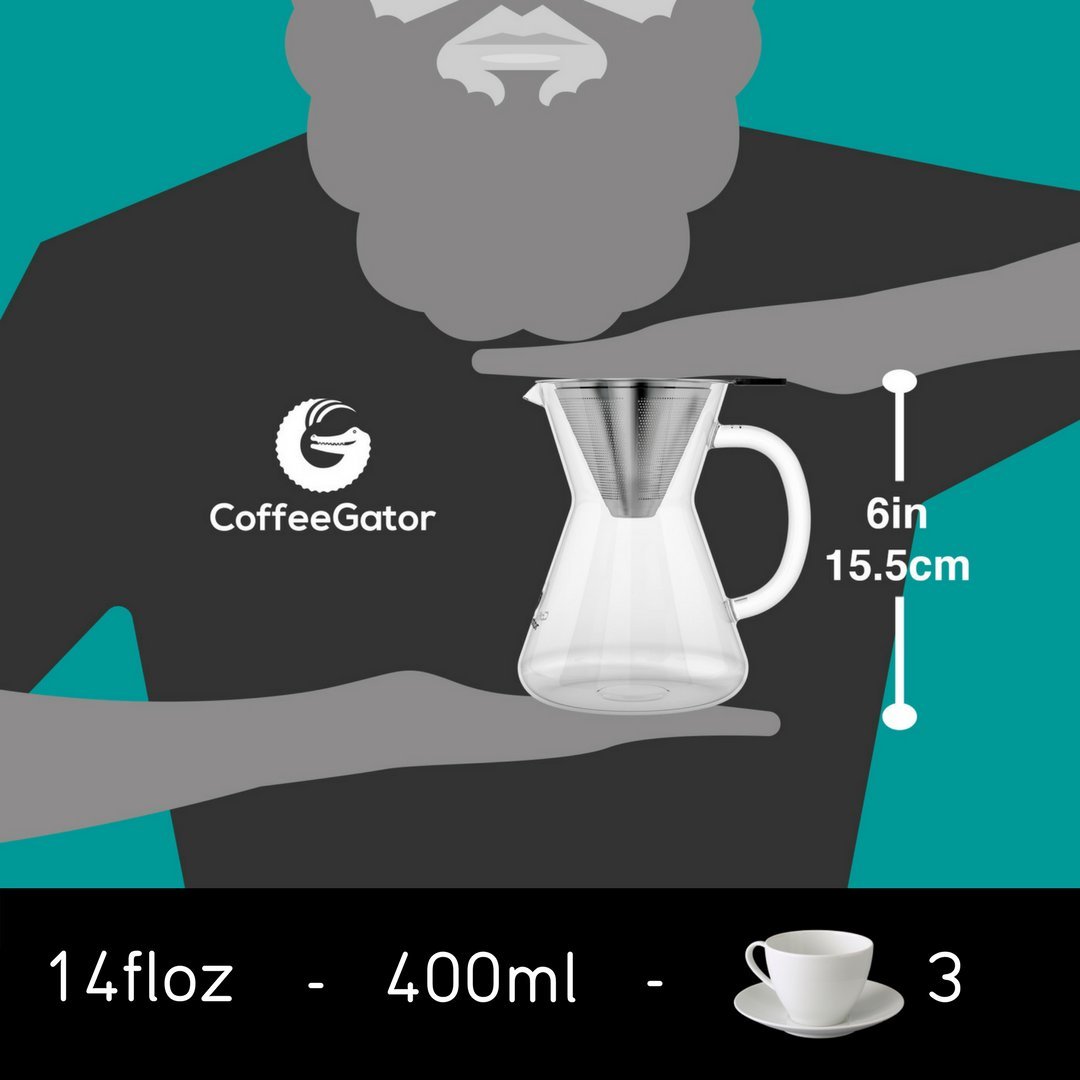 Coffee Gator Caffettiera Pour Over con filtro permanente in acciaio inox e caraffa. Dripper per fare il caffè (400ml)