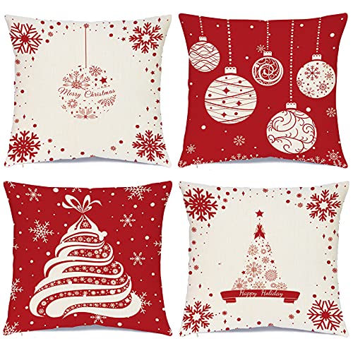 Hlonon Christmas Throw Pillow Covers Set of 4 Winter Decorative Rustic Pillowcase for Holiday Decorations Christmas Home Sofa Couch Decor, Red & Cream White (18 x 18 Inches)
