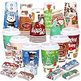 TOTSHOM 36 Pcs Christmas Cups with Lids and Sleeves, Christmas Coffee Cups 16 oz, 6 Designs Holiday Paper Cups for Hot Chocolate Coffee Xmas Winter Holiday Party Supplies