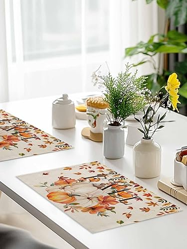 Miniatura 9 de Manteles individuales para mesa de comedor, juego de 4 manteles individuales para otoño, Acción de Gracias, calabaza, flor y girasol, manteles para