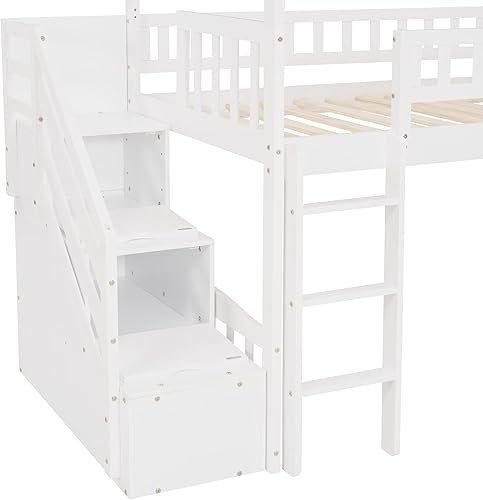 Miniatura 5 de HYC Cama alta individual con 2 cajones y tobogán cama de casa con tobogán diseño que ahorra espacio escalera integrada y soporte de listones sólidos
