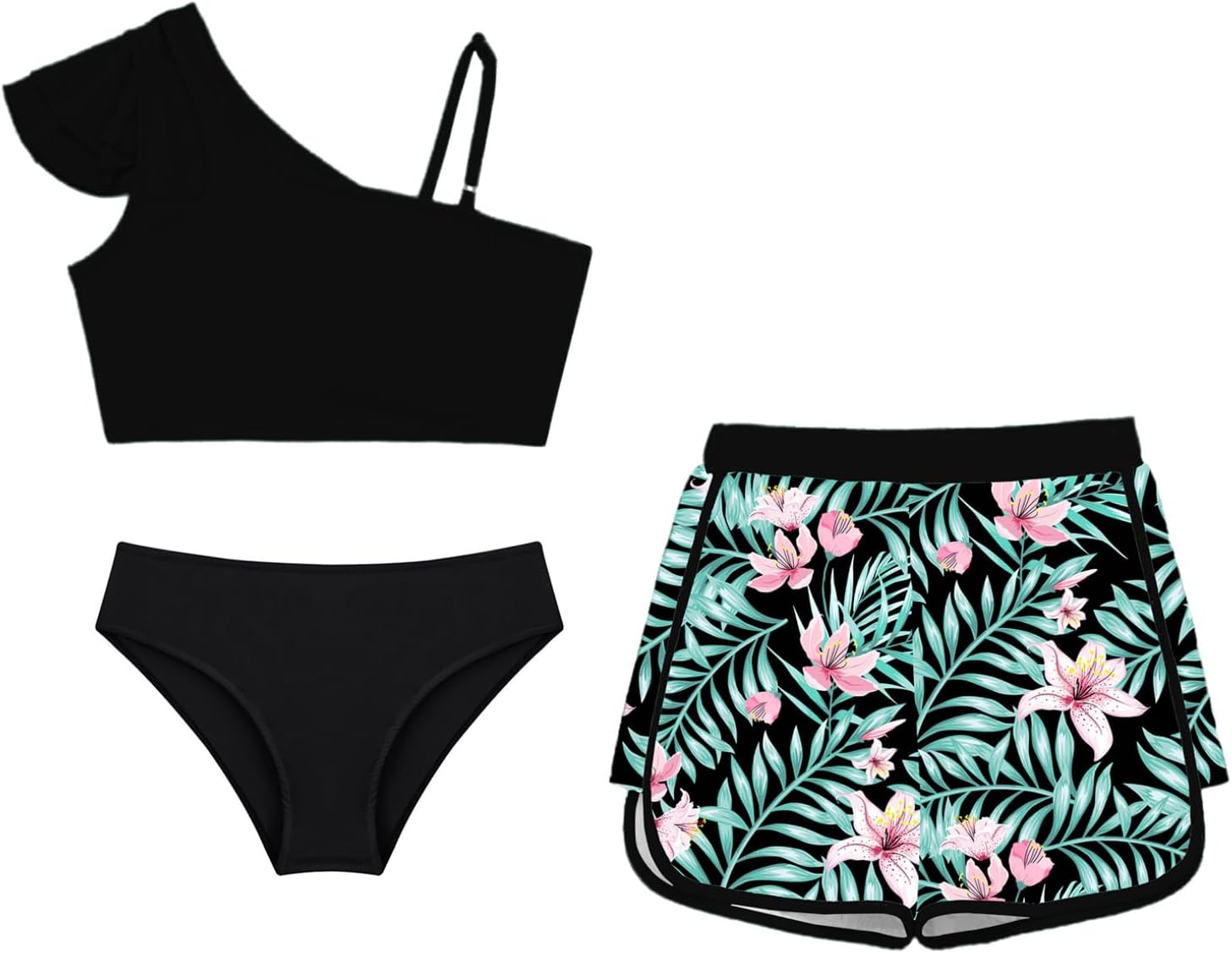 Choomomo 3Pcs Kids Girls Printed Swimsuit Set – Asymmetrical One-Shoulder Surfing Bathing Suit for Water Sports Beach & Pool