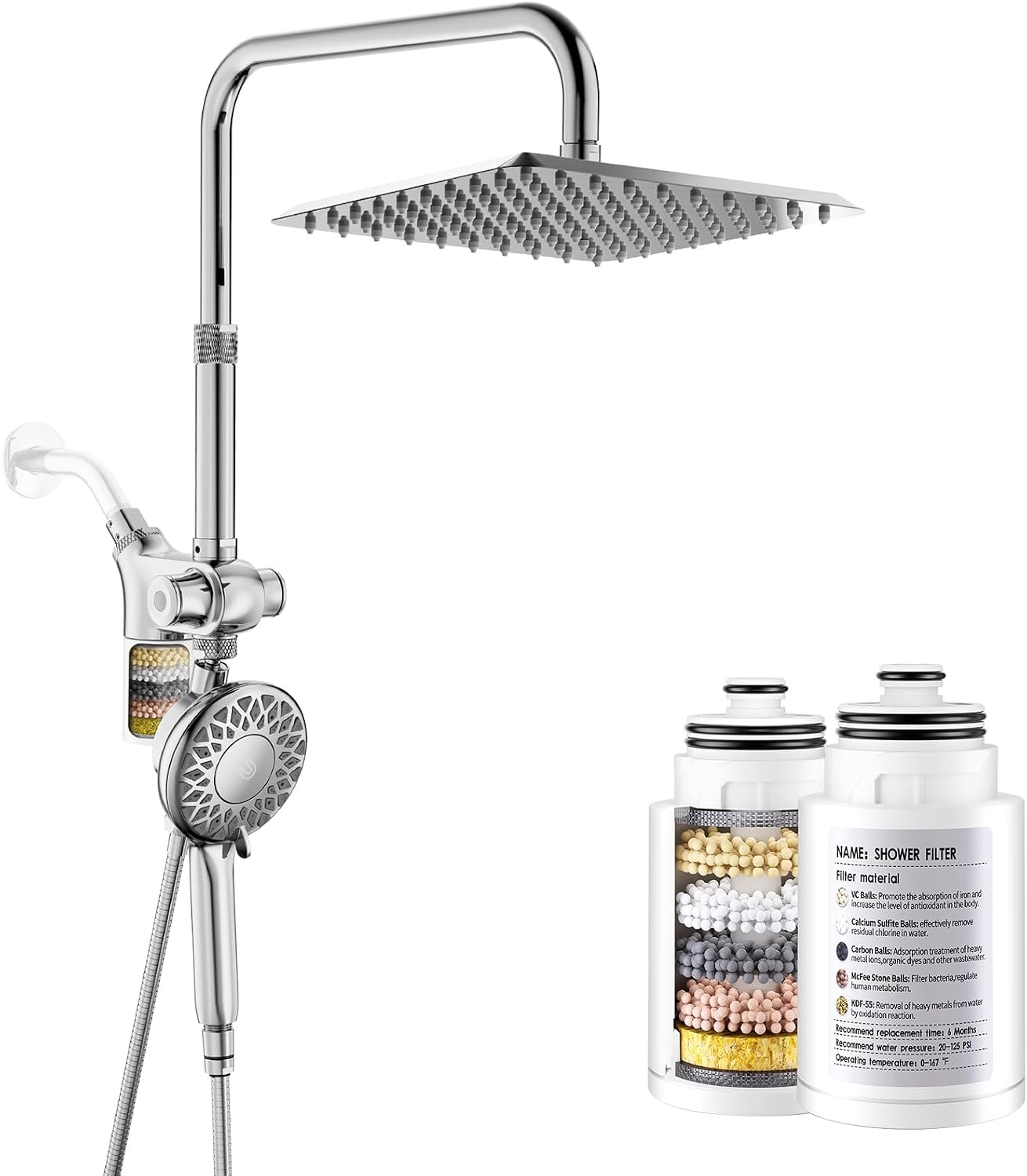 SINGSUO Filtered Rain Shower Head with Handheld Spray Combo (Chrome) & SINGSUO 2-Pack KDF Shower Head Filter Replacement Cartridge