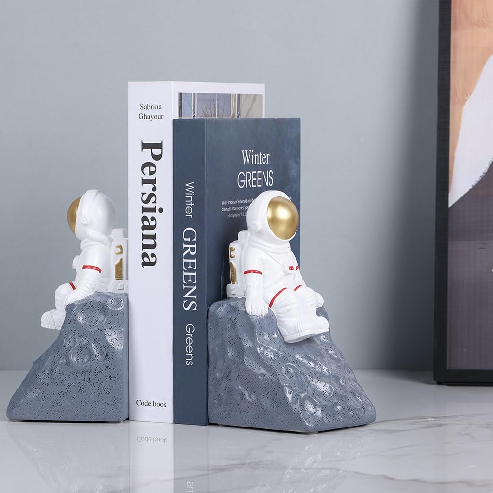Juego de 2 sujetalibros de astronauta gris, resistentes con base antideslizante, sujetalibros de decoración espacial para habitaciones de niños, decoración de estanterías