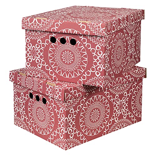 Cardboard Storage Boxes with Lid, Decorative Wardrobe, Closet, Home & Office Organiser with Handle, Flat-Packed, Stackable File Box, Gift for Adults & Kids, Set of 2, Large - Marocco Burgundy