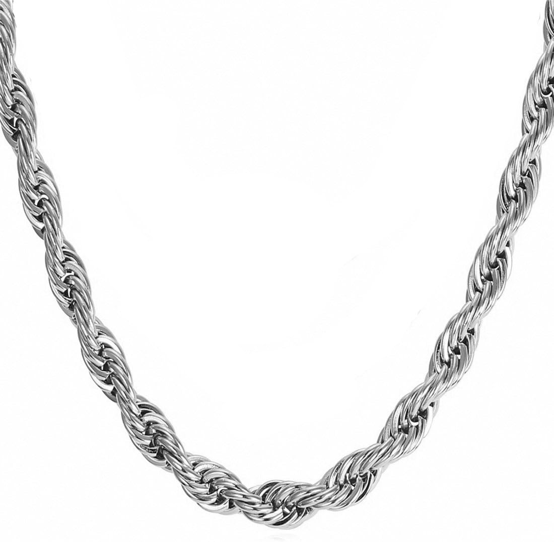 NakabhStainless Steel Twisted Rope Chain Necklace for Men Boys (55 cm / 22 inch) (Silver)
