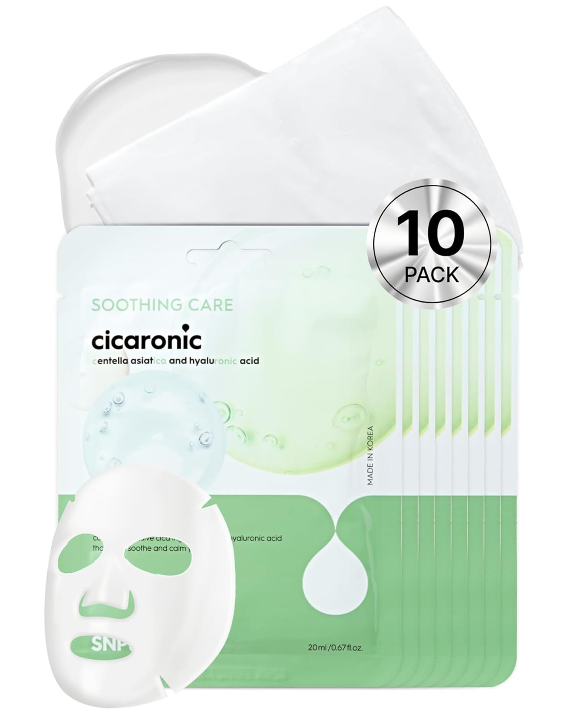 SNP Prep Cicaronic Daily Sheet Mask, Korean Face Mask with Centella Asiatica, Triple Hyaluronic Acid
