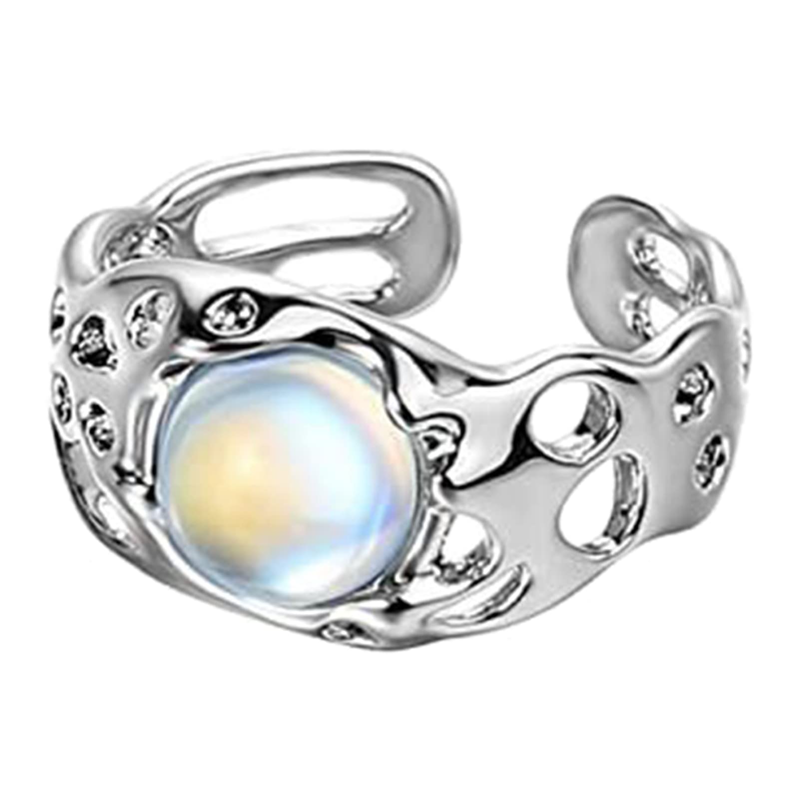 Mirweon Korean Crystal For Women Shining Opal Irregular Open Rings Vintage Geometric Trend Fashion Finger Jewelry Crystal For Women Silver Adjustable Natural Stone Rings For Women Open