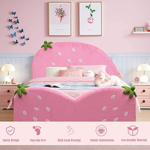 Miniatura 55 de Costzon Base de cama individual para niños, plataforma de cama individual tapizada de madera con soporte de listones, cabecera y estribo acolchados