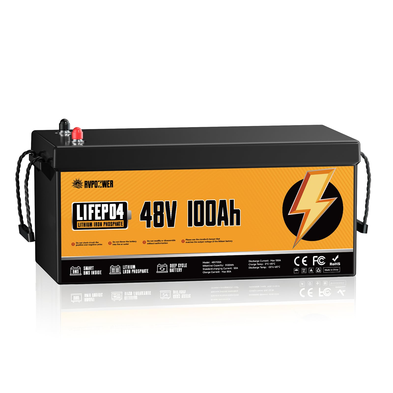 48V 100Ah LiFePO4 Batterie, 5120Wh Deep Cycle Lithium Iron Phosphate Battery with Built-in 100A BMS, 10 Year Lifespan, 4000+ Cycles, Ideal for Golf Cart, RV, Camper, Solar, Off-Grid