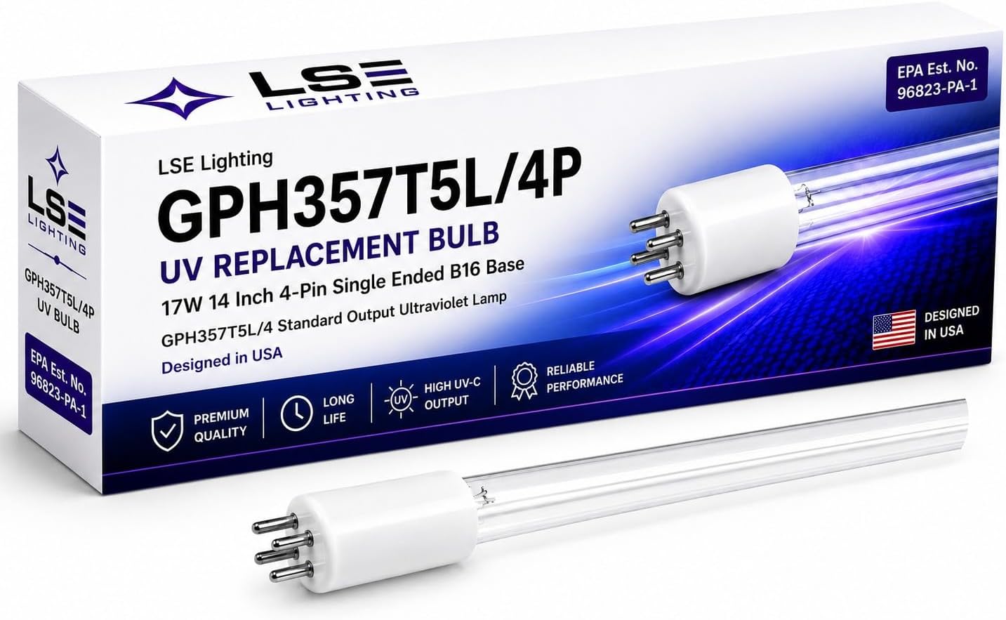 LSE Lighting UV Germicidal Tube Light - 17W, T5 Style Quartz Glass, 14" Length, 4 Pin Base, 12,000hrs Extra LiFE, UV Tube Light, 1 Count