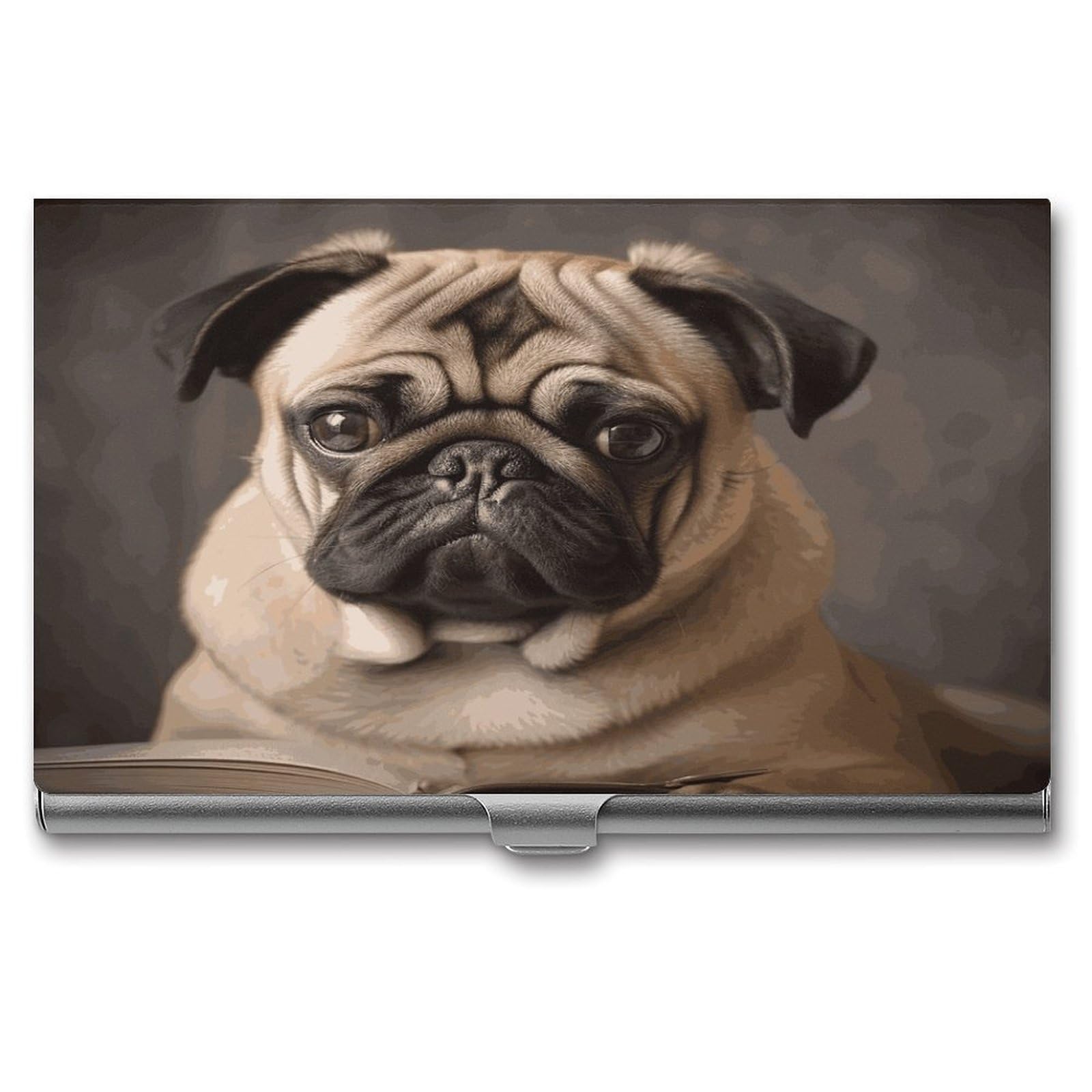 JTREHY Animal Pug Dog Business Card Holder Slim Purse Name Card Holder Portable Metal Business Card Case Wallet Large Capacity Lightweight Business Card Case for Men Women