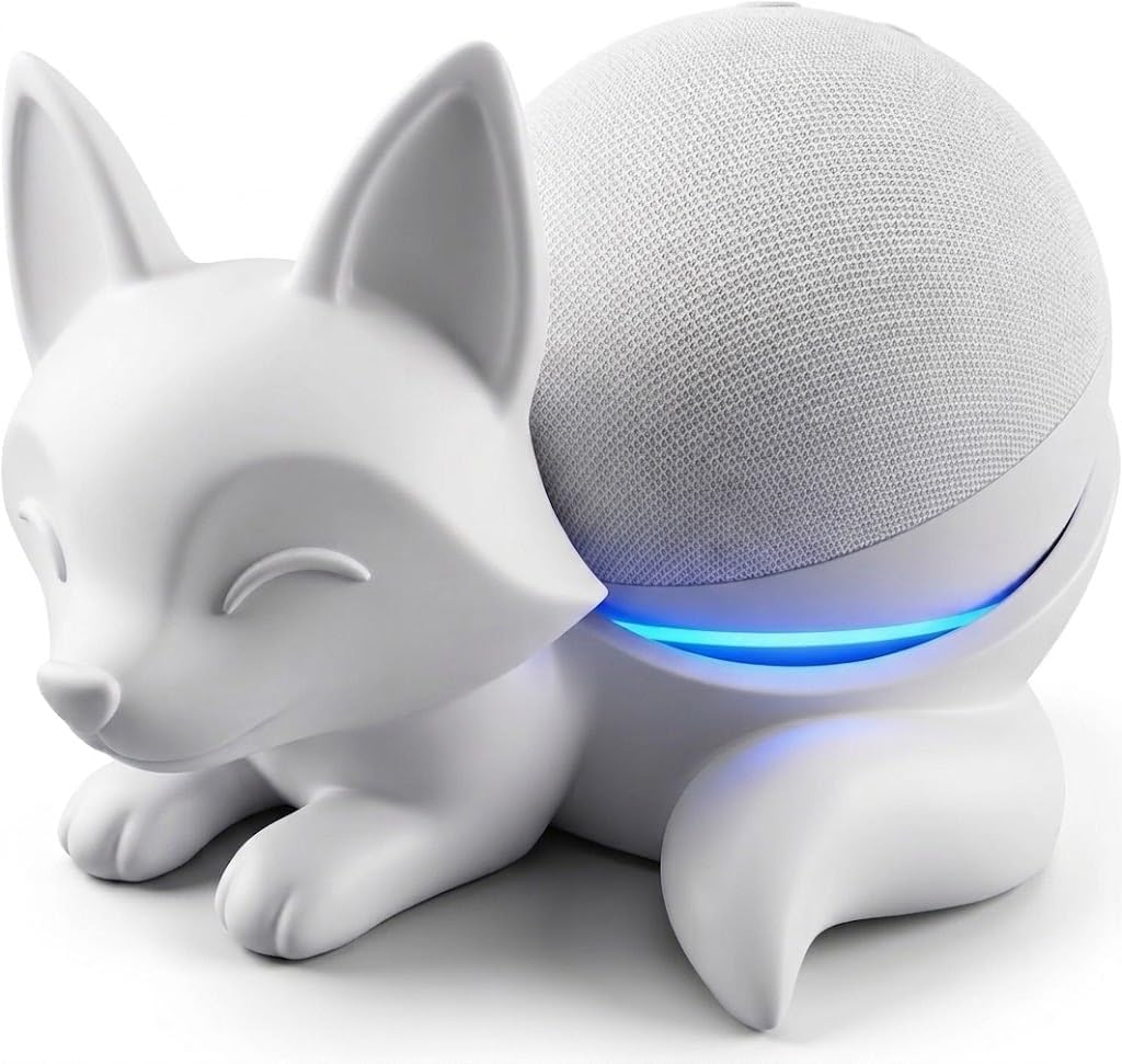 Sleeping Fox Smart Speaker Stand, Cute Desk Decor Holder for Echo Dot 4th & 5th Gen, Aesthetic Minimalist Animal Stand, 3D Printed PLA, Non-Slip Base (White)