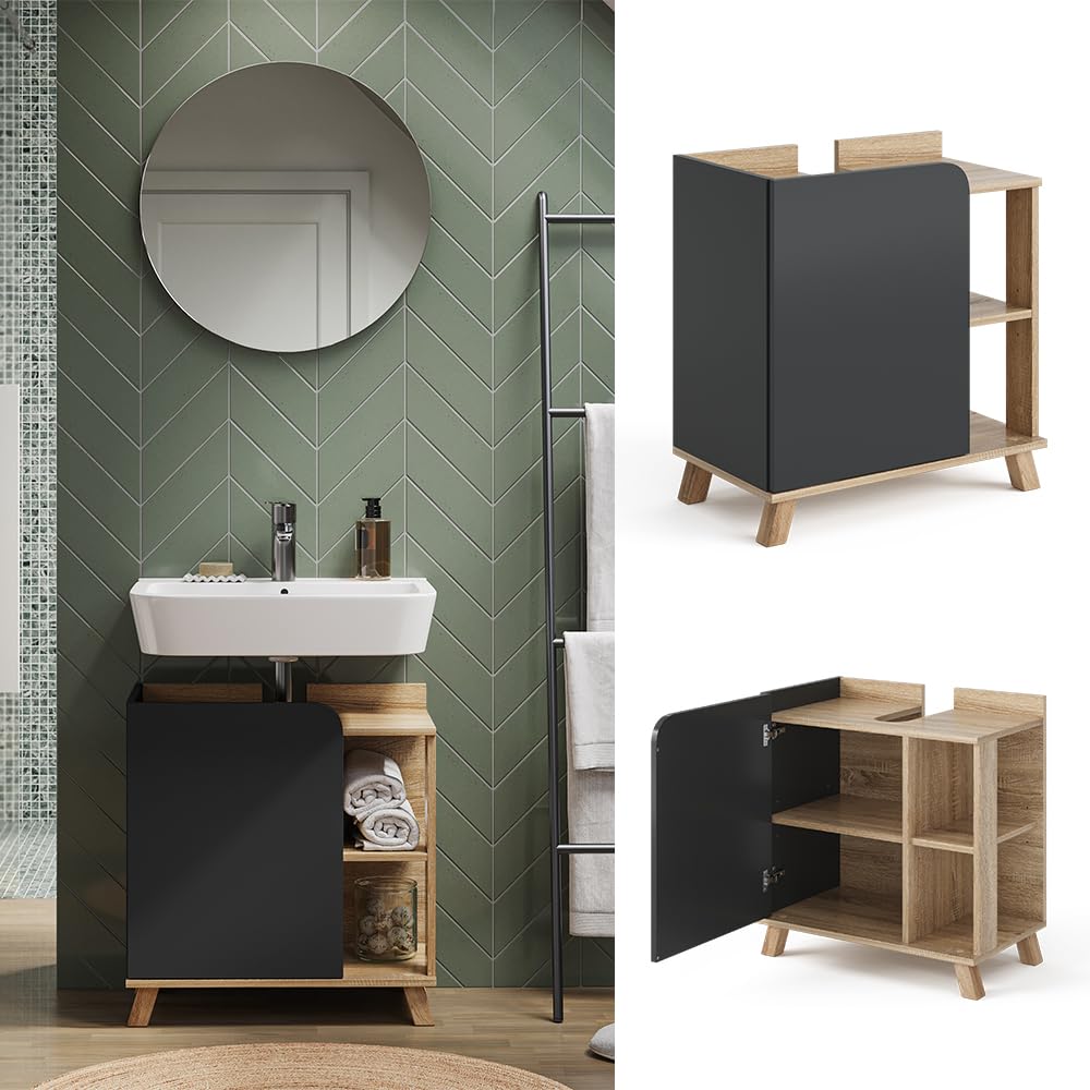 Vicco Mueble bajo Lavabo Karen, Sonoma/Antracita, 60 x 65 cm con Puerta y Compartimentos Abiertos, con Recorte para sifón para instalación Debajo del Lavabo