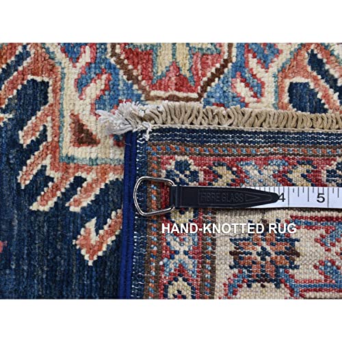 Shahbanu Rugs Denim Blue Afghan Super Kazak Runner Hand Knotted Pure Wool Rug (2'9" X 8'2") #TOP4
