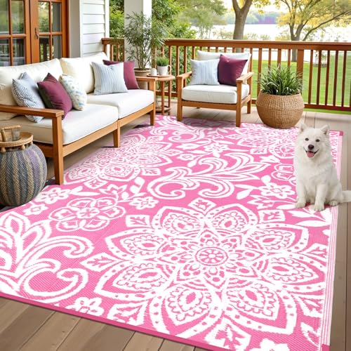 Findosom Waterproof Outdoor Rug 6 x 9 - Reversible Mandala Outdoor Plastic Straw Rug Durable Foldable Patio Rug for RV Deck Balcony Backyard Picnic Porch Camping Beach Pink