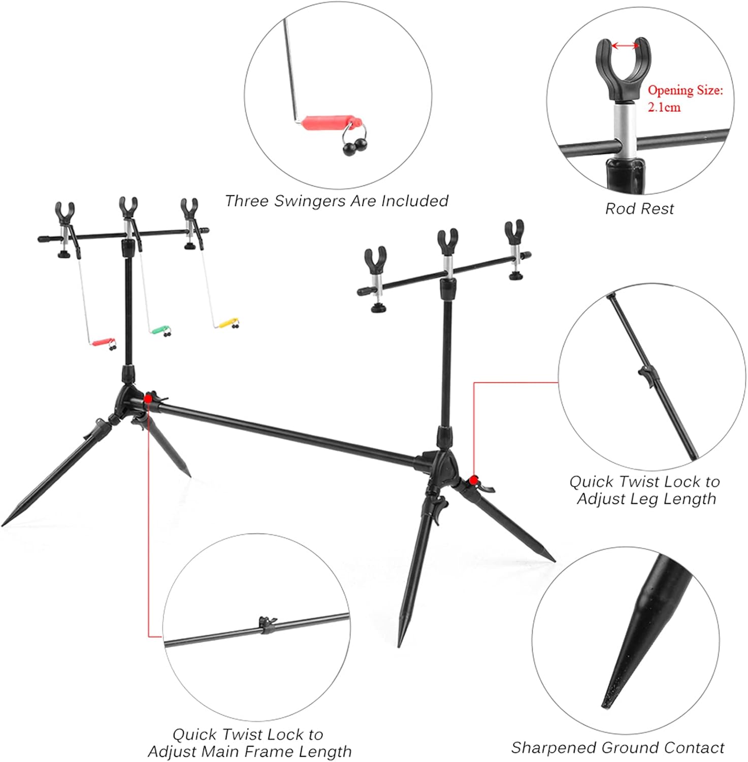 Fishing Rod Holder, Adjustable Retractable, Aluminum, Black, Deck Mount, Compatible with 2 inch Rods