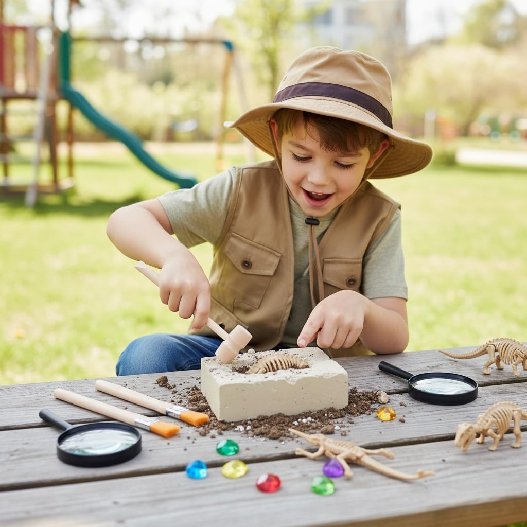 Archaeological Excavation Tools for Kids: 3 Sets Dinosaur Fossil Digging Kits with Mini Hammer Chisel Brush Scraper and Magnifier Science Kits for Dino Eggs and Gem Dig