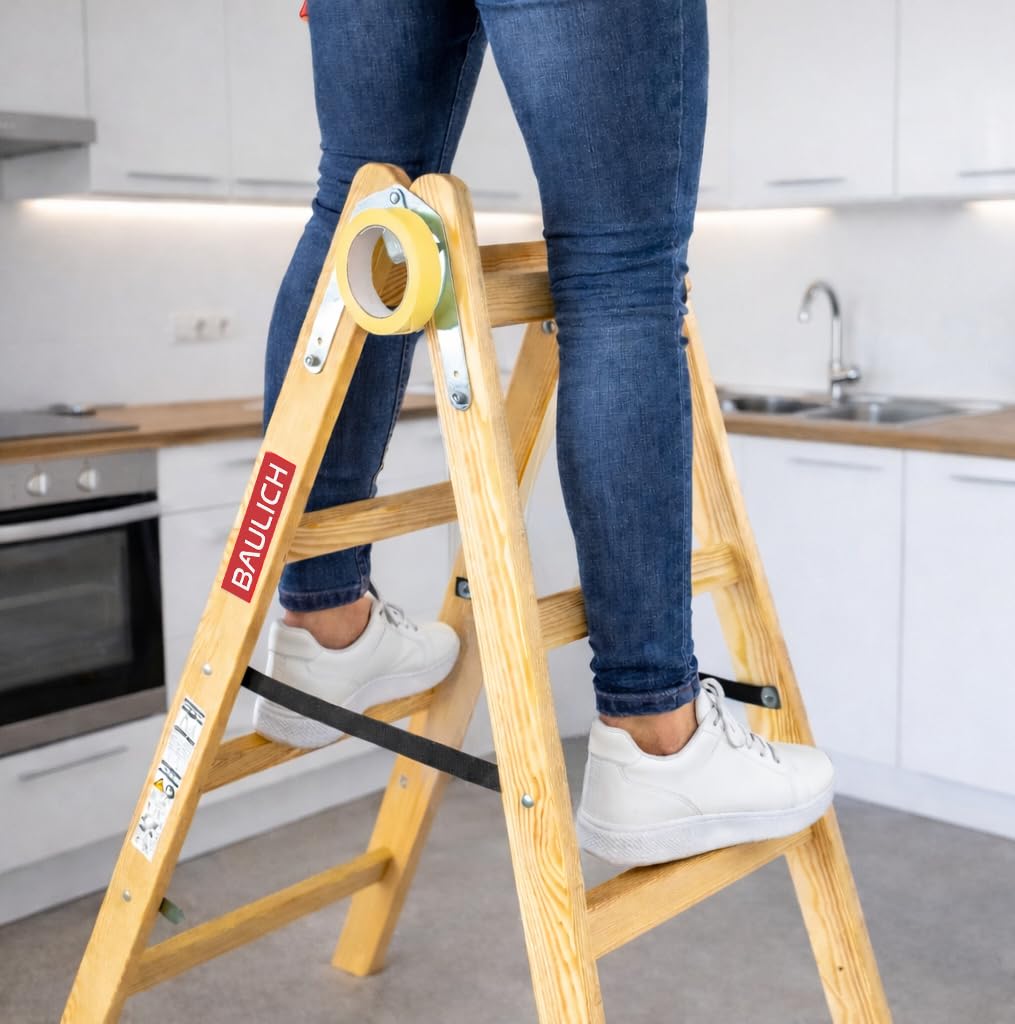 Escalera de Madera para Pintar 2x7 - Estructura desplegable y Extensible - Peldaños impregnados para Trabajos de reparación, Pintura de Interiores y renovación