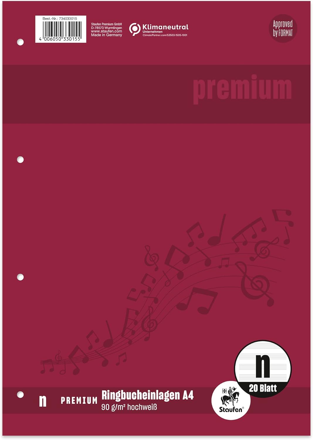 Staufen Premium Ring Binder Inserts DIN A4, Line Style N (Notes), 20 Sheets, 4-Hole Punch, 90 g/m² Premium Paper, Pack of 1