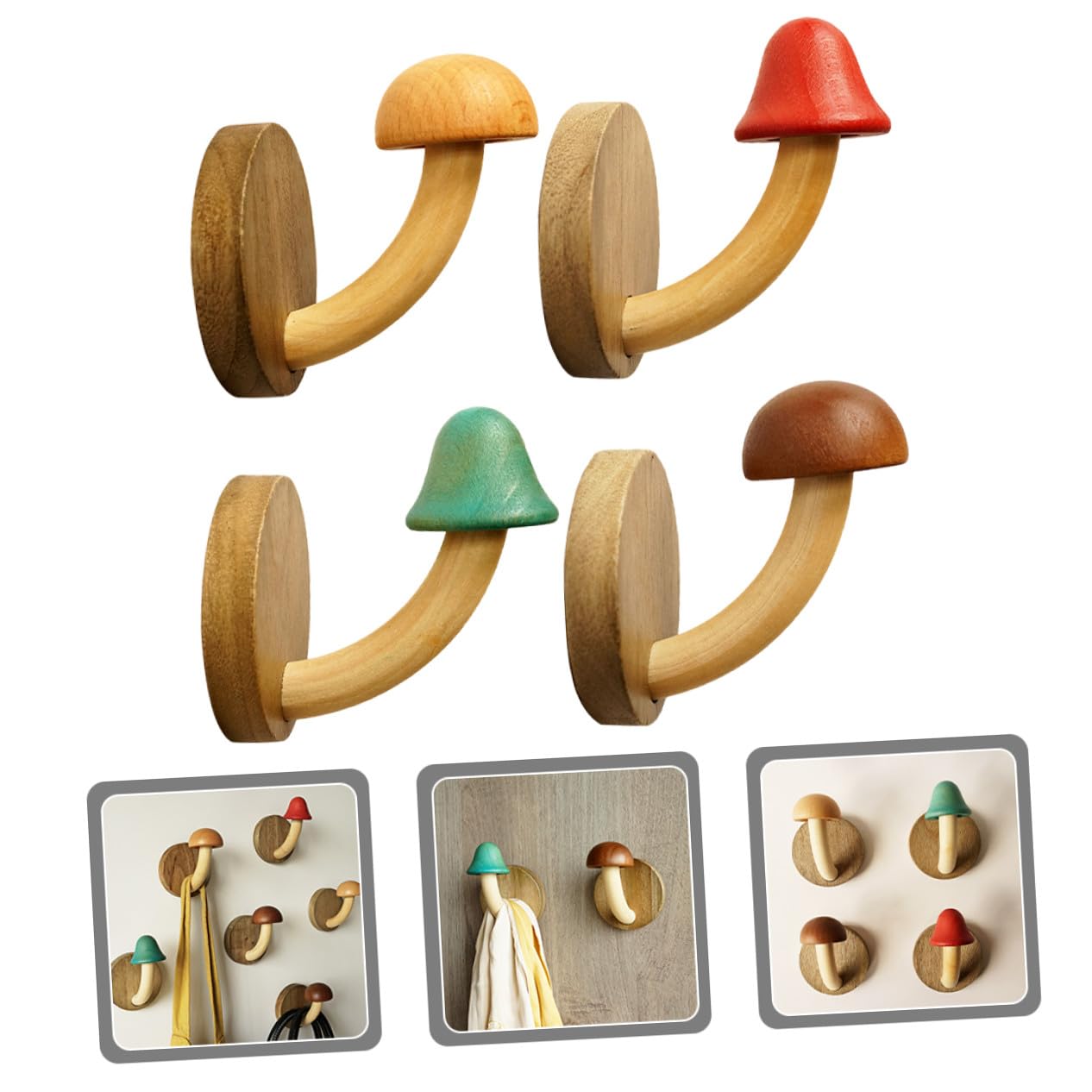 Crochets Muraux en Bois Forme Champignon sans Perçage, Lot 4 Pièces, Bois Naturel, Adhésifs, pour Salle de Bain et Chambre, Organisation Murale Multifonctionnelle