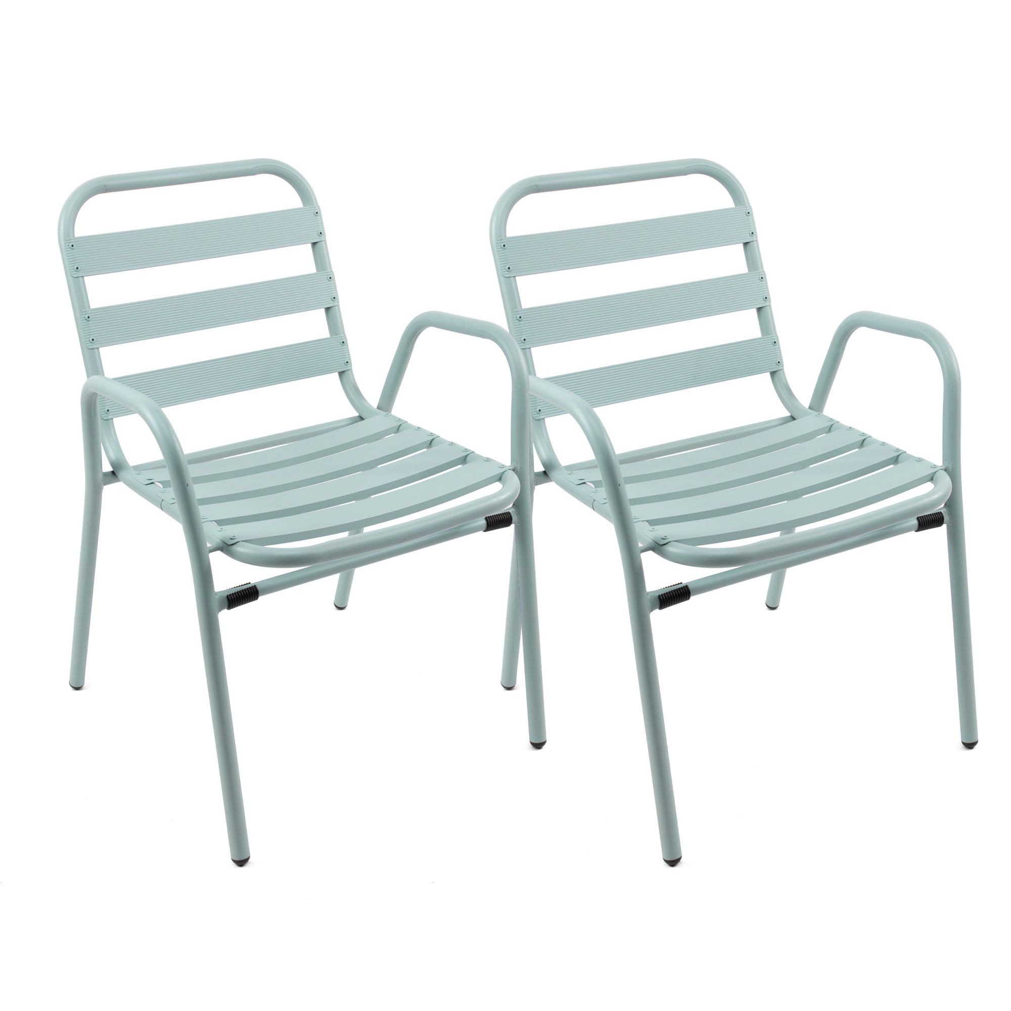 THE SECRET HOME - Pack de 2 Sillas de Aluminio con Reposabrazos para Jardín - Alto 76 cm x Largo 56 cm x Ancho 48 cm - Color Verde Claro - Asiento Apilable de Exterior para Balcón, Terraza y Jardín