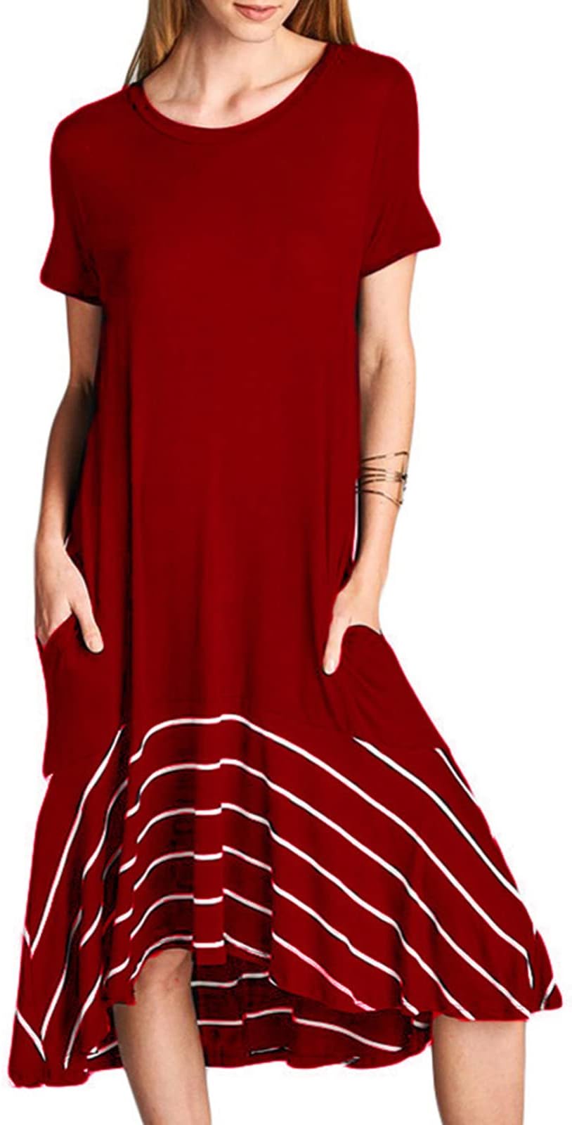Jayscreate Women's Casual Summer Dress Midi Length T Shirt Tunic Short Sleeve Long Beach Dress Loose Fit with Pockets