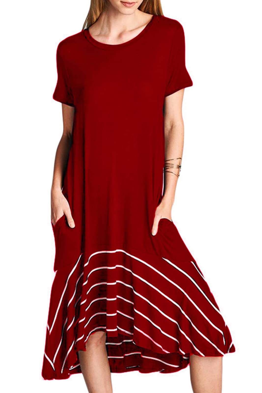 Jayscreate Women's Casual Summer Dress Midi Length T Shirt Tunic Short Sleeve Long Beach Dress Loose Fit with Pockets