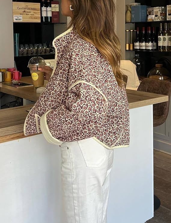 Aimiray Women's Cropped Floral Puffer Jacket Cardigan Printed Lightweight Open Front Padded Quilted Coats(DarkPink-XS)4