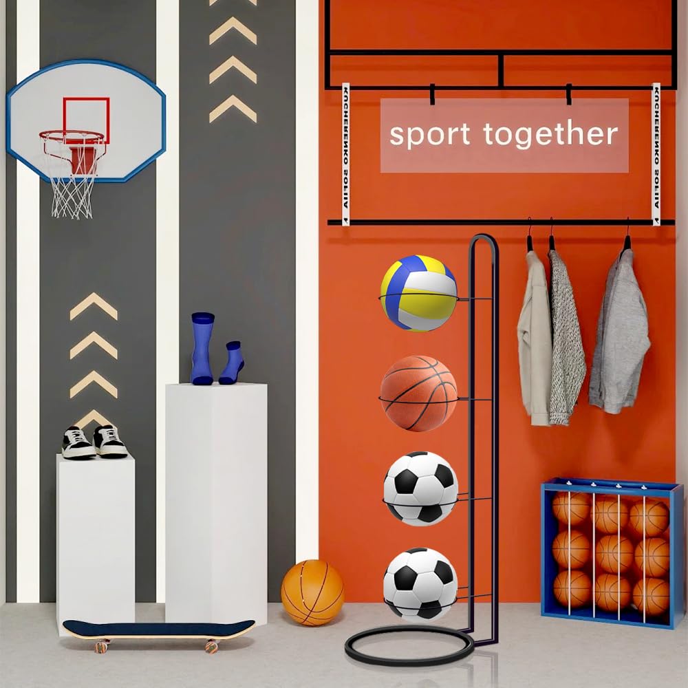 Soporte Pelotas Pared Estante Organizador De Bolas Multicapa Soporte de Bolas de Metal para Voleibol,Rugby,Baloncesto,Fútbol